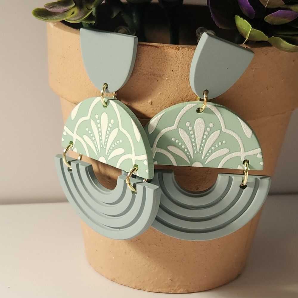 Sage Green Geometric Polymer Clay Dangle Earrings Mandala Floral Boho Statement